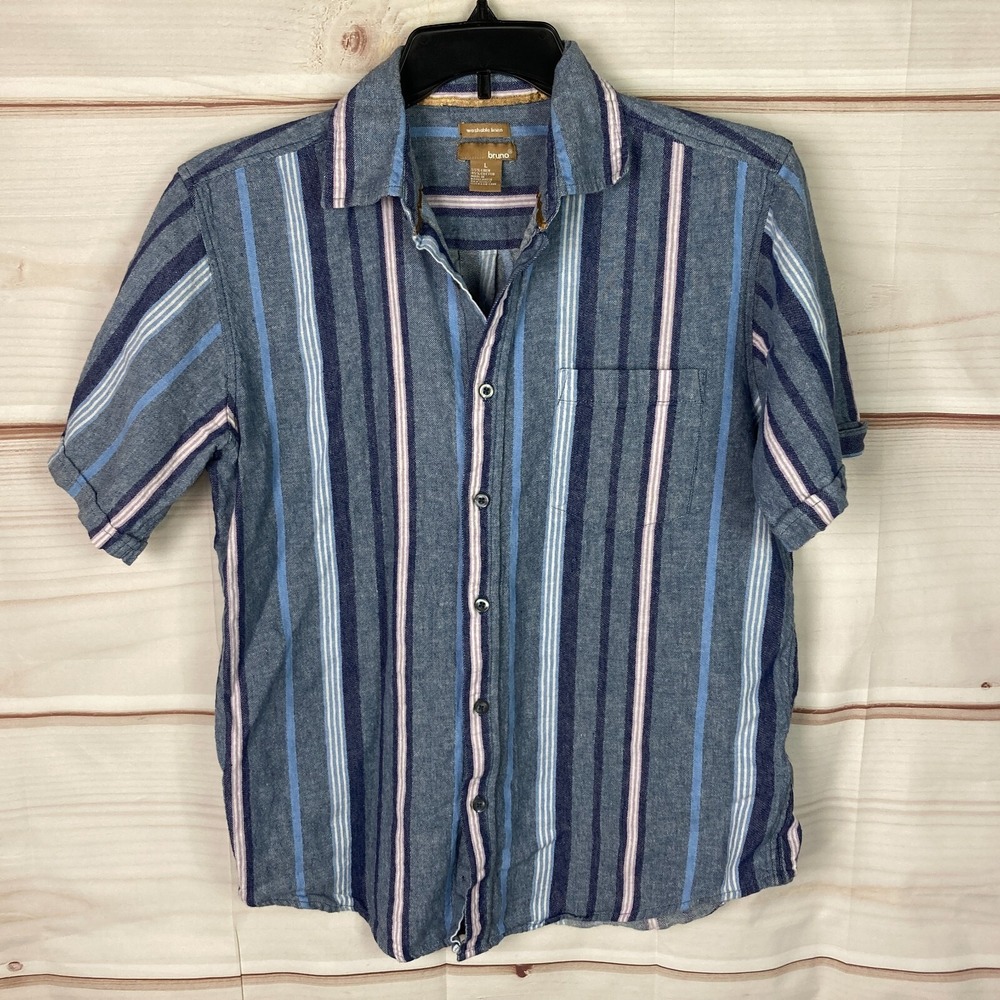 Bruno Shirt Men M Blue Stripe Button Up Washable Linen Blend Short Sleeve Collar